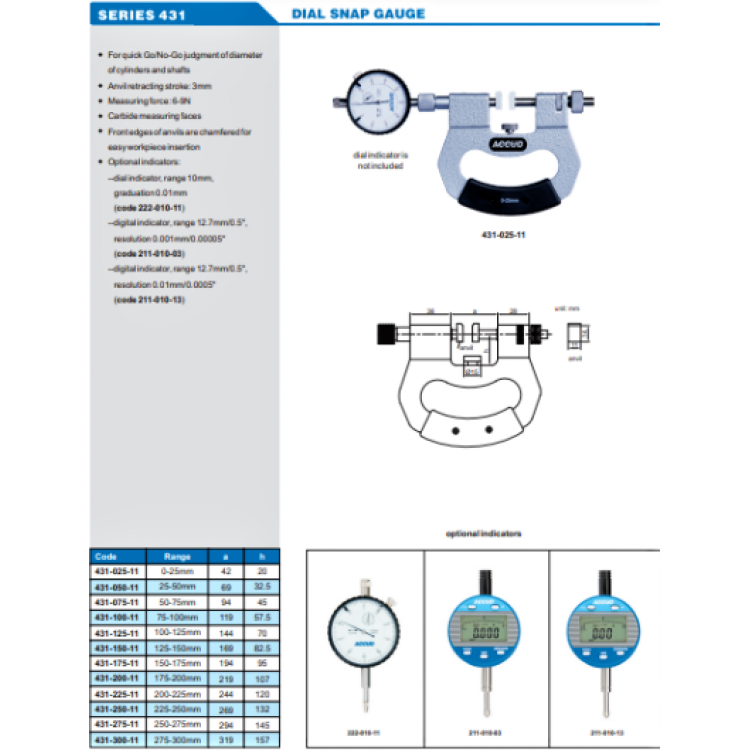 ACCUD Saatli Çatal Mastar 0-25mm  | 431-025-11