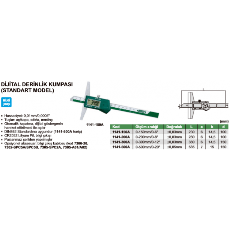 Insize Dijital Derinlik Kumpası 150mm | 1141-300A Serisi