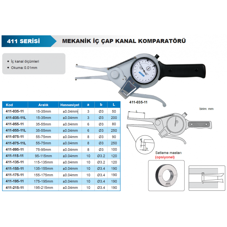 Accud Mekanik İç Çap Komparatörü 35-55mm Çene Boyu 80mm / 411-055-11