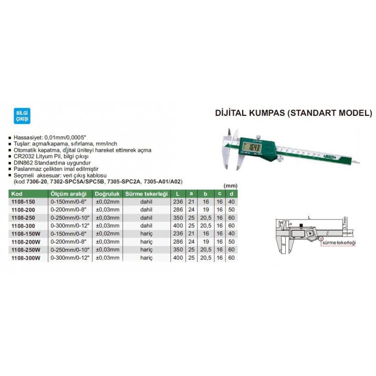 Insize Dijital Kumpas 200 mm , 0.01mm | 1108-200 Insize Dijital Kumpas 200 mm , 0.01mm | 1108-200